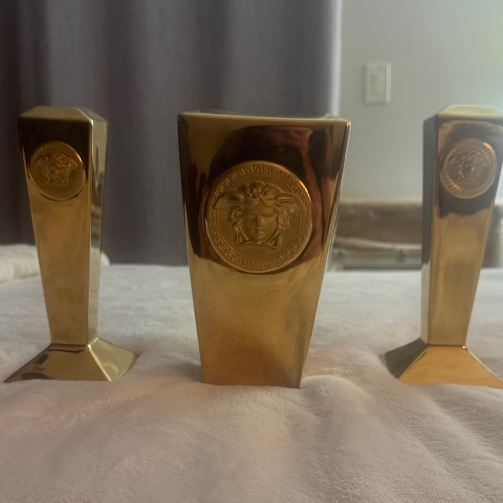 Versace Medusa Gold Vase & Candle Holder Trio